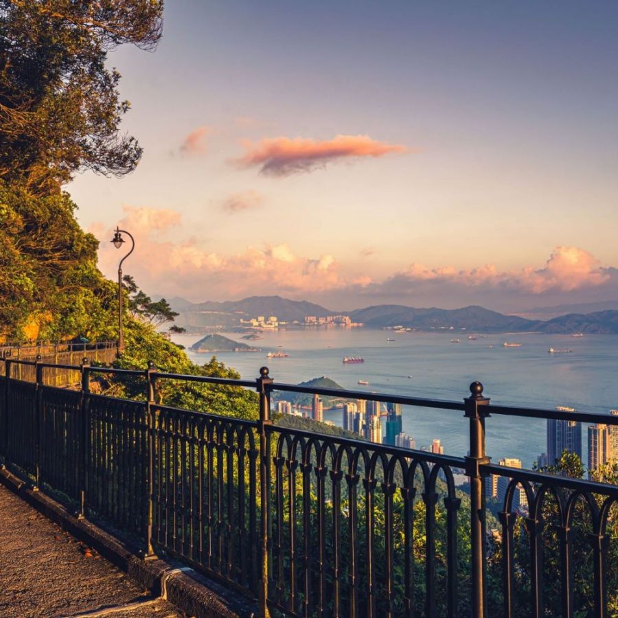 A view of the ocean and Hong Kong’s mountains during sunset from Victoria Peak.
